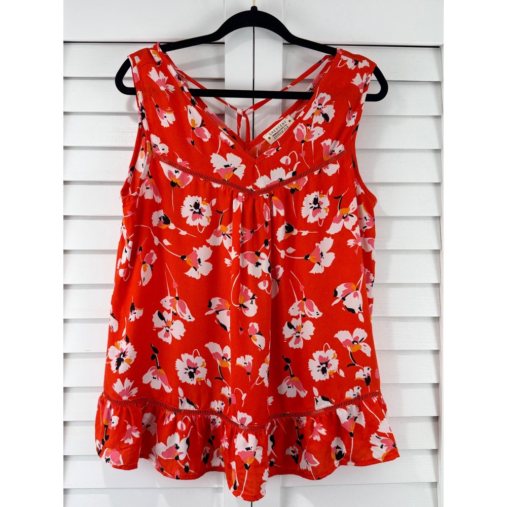 Crescent Stitch Fix Floral Sleeveless V-Neck Peplum Blouse Orange Red XL
